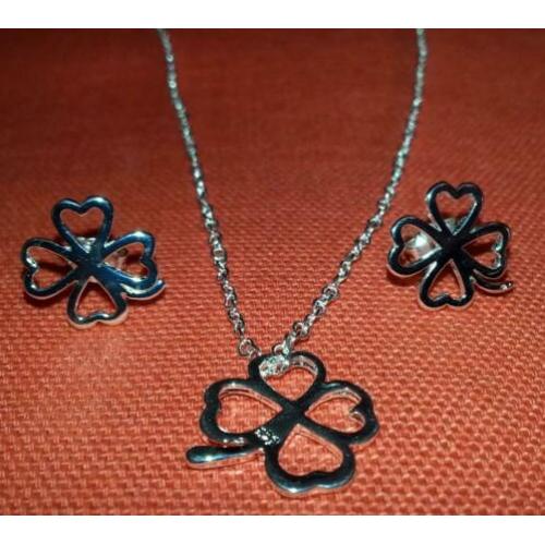 Nw! 925 zilveren oorbellen + ketting + hanger Klavertje Vier