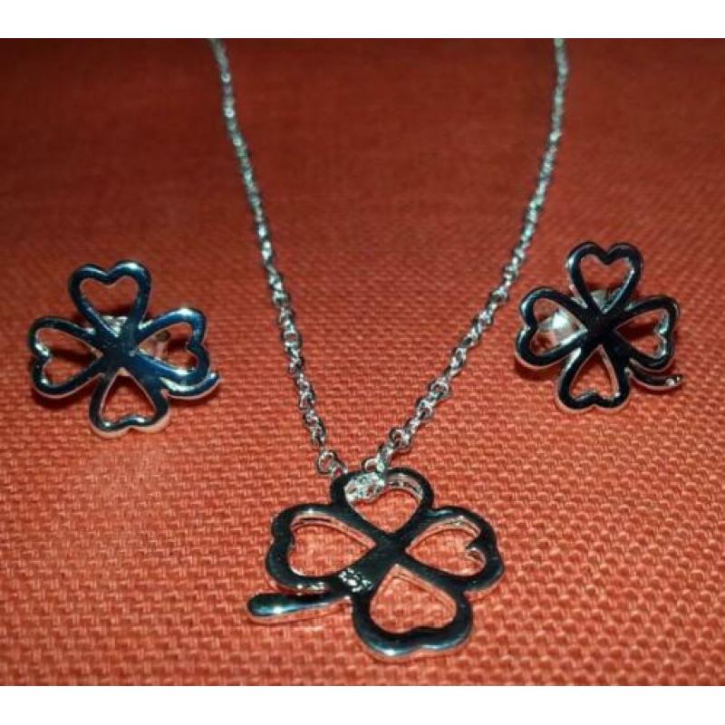 Nw! 925 zilveren oorbellen + ketting + hanger Klavertje Vier
