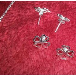 Nw! 925 zilveren oorbellen + ketting + hanger Klavertje Vier