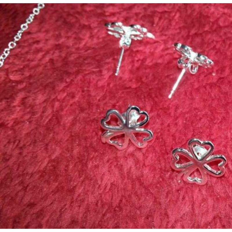 Nw! 925 zilveren oorbellen + ketting + hanger Klavertje Vier
