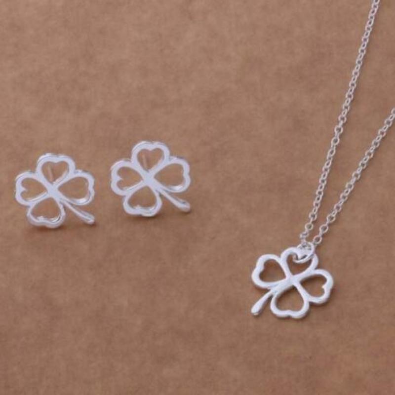 Nw! 925 zilveren oorbellen + ketting + hanger Klavertje Vier