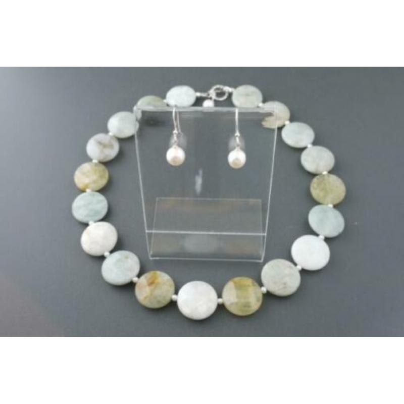 AQUAMARIJN (20 mm gefacetteerd) ketting/oorhanger-set