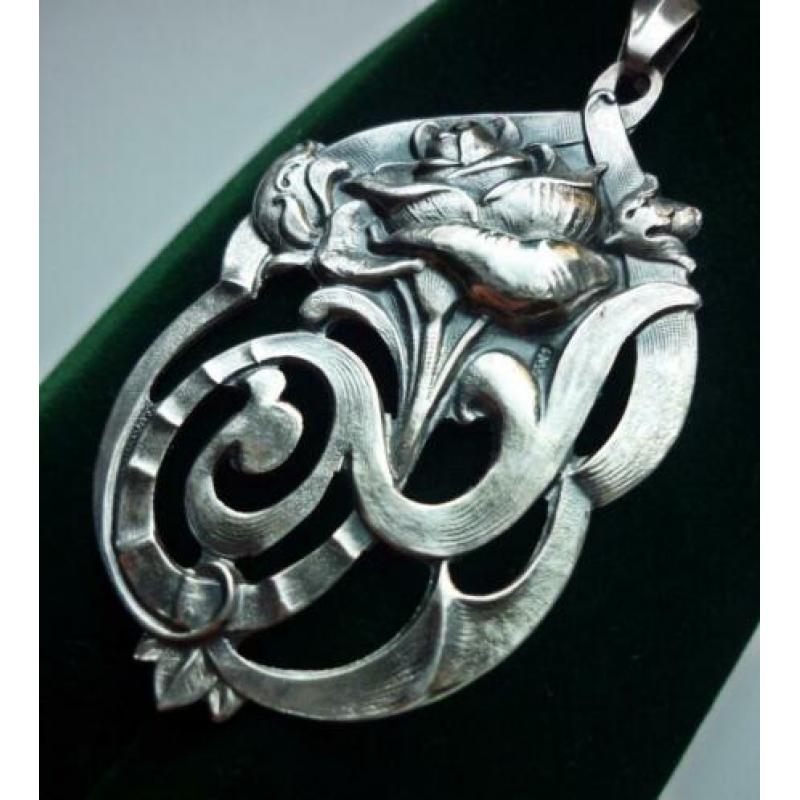 Antiek Zilveren Art Nouveau Jugendstil Rozen Kettinghanger