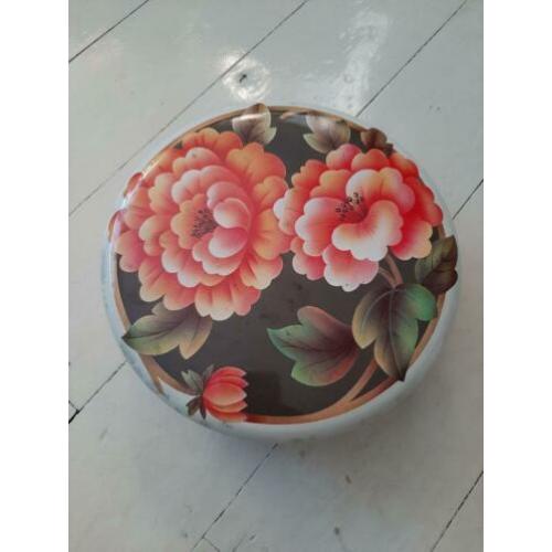 Retro blik koektrommel groen roze bloemen