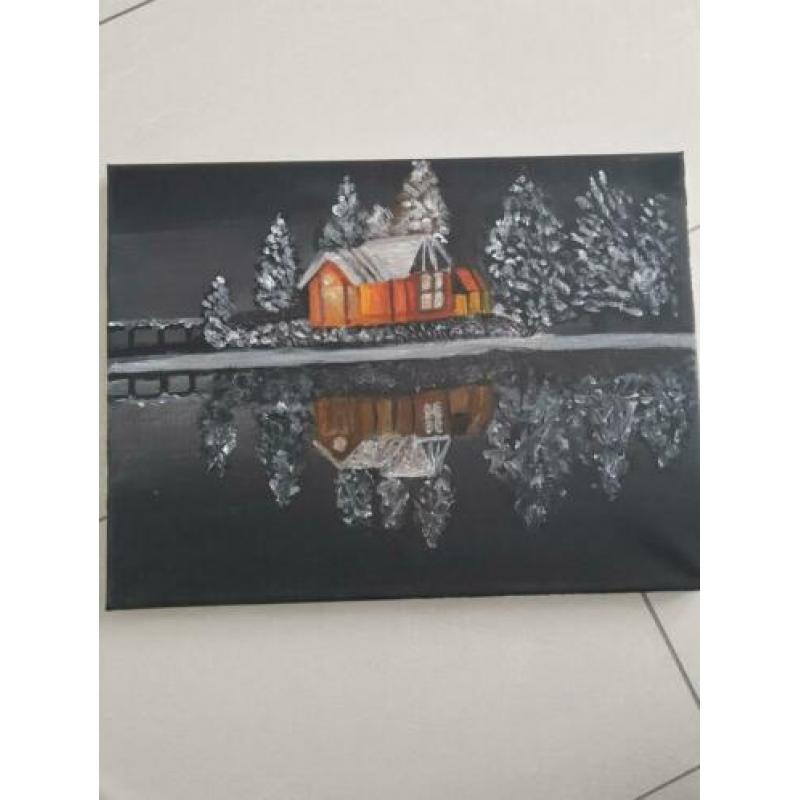 Schilderij Winterhuis Romantisch Zelfgemaakt!