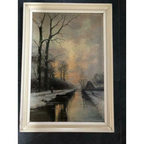Prachtig antiek schilderij doek naar f J du Chattel