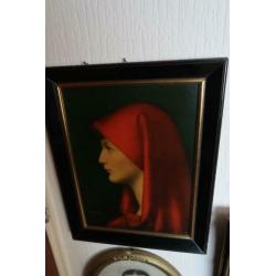 aquarel/print vrouw met rode hoofddoek, heilige Fabiola van