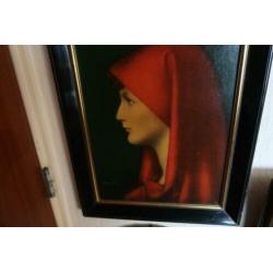 aquarel/print vrouw met rode hoofddoek, heilige Fabiola van