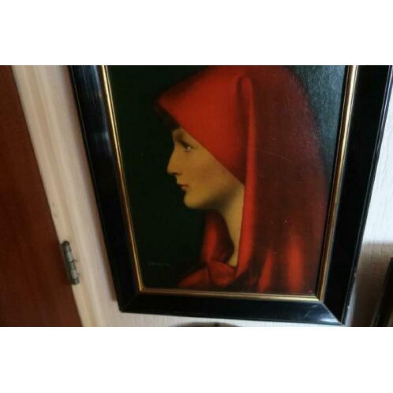aquarel/print vrouw met rode hoofddoek, heilige Fabiola van