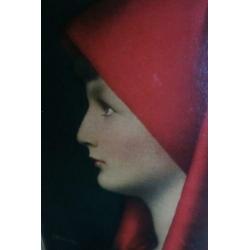 aquarel/print vrouw met rode hoofddoek, heilige Fabiola van