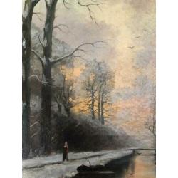 Prachtig antiek schilderij doek naar f J du Chattel