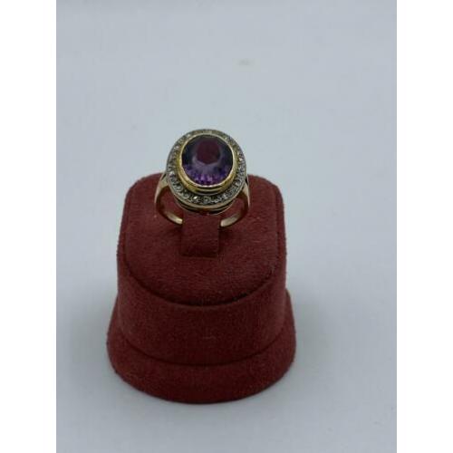 14 karaats gouden dames ring met amethist en diamanten