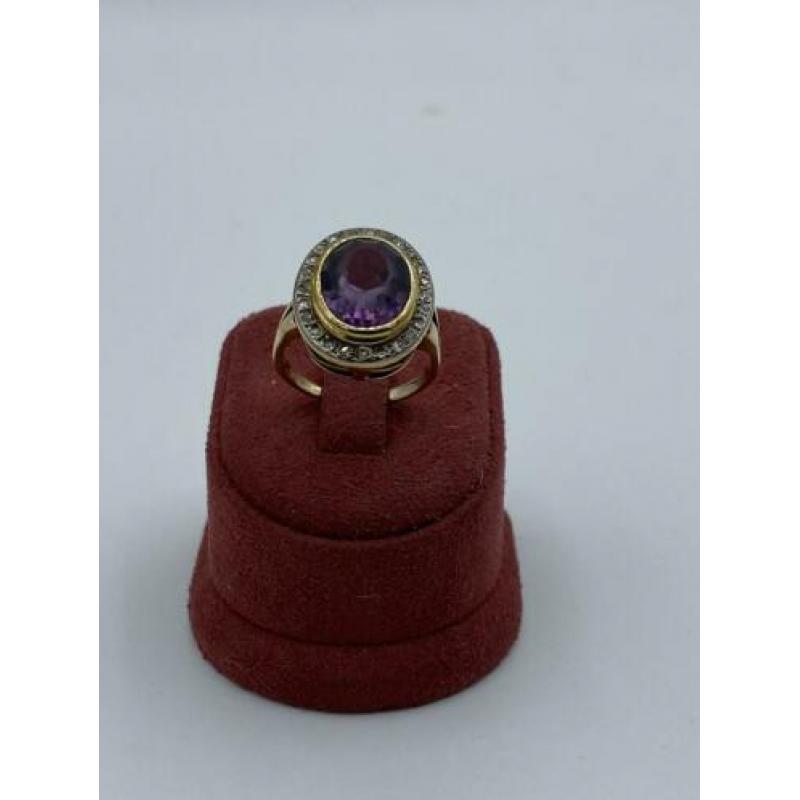 14 karaats gouden dames ring met amethist en diamanten