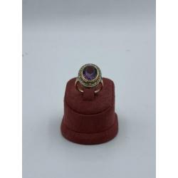 14 karaats gouden dames ring met amethist en diamanten