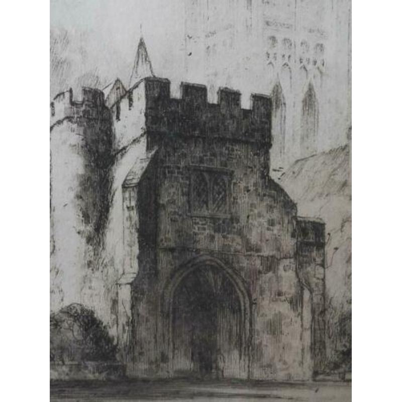 Antieke ingelijste ets uit Engeland van Canterbury cathedral