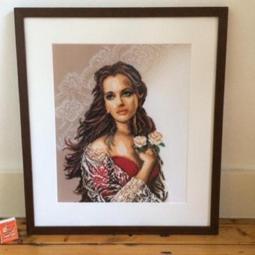 Bééldig ingelijst fijngeborduurd mooie vrouw met rozen Kunst